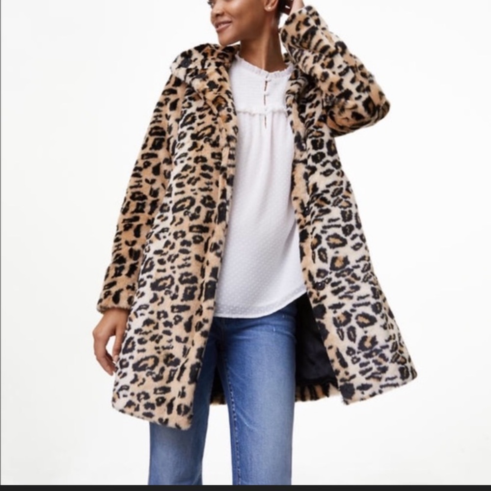 LOFT Leopard-Print Faux Fur Pea Coat - Beige/Black